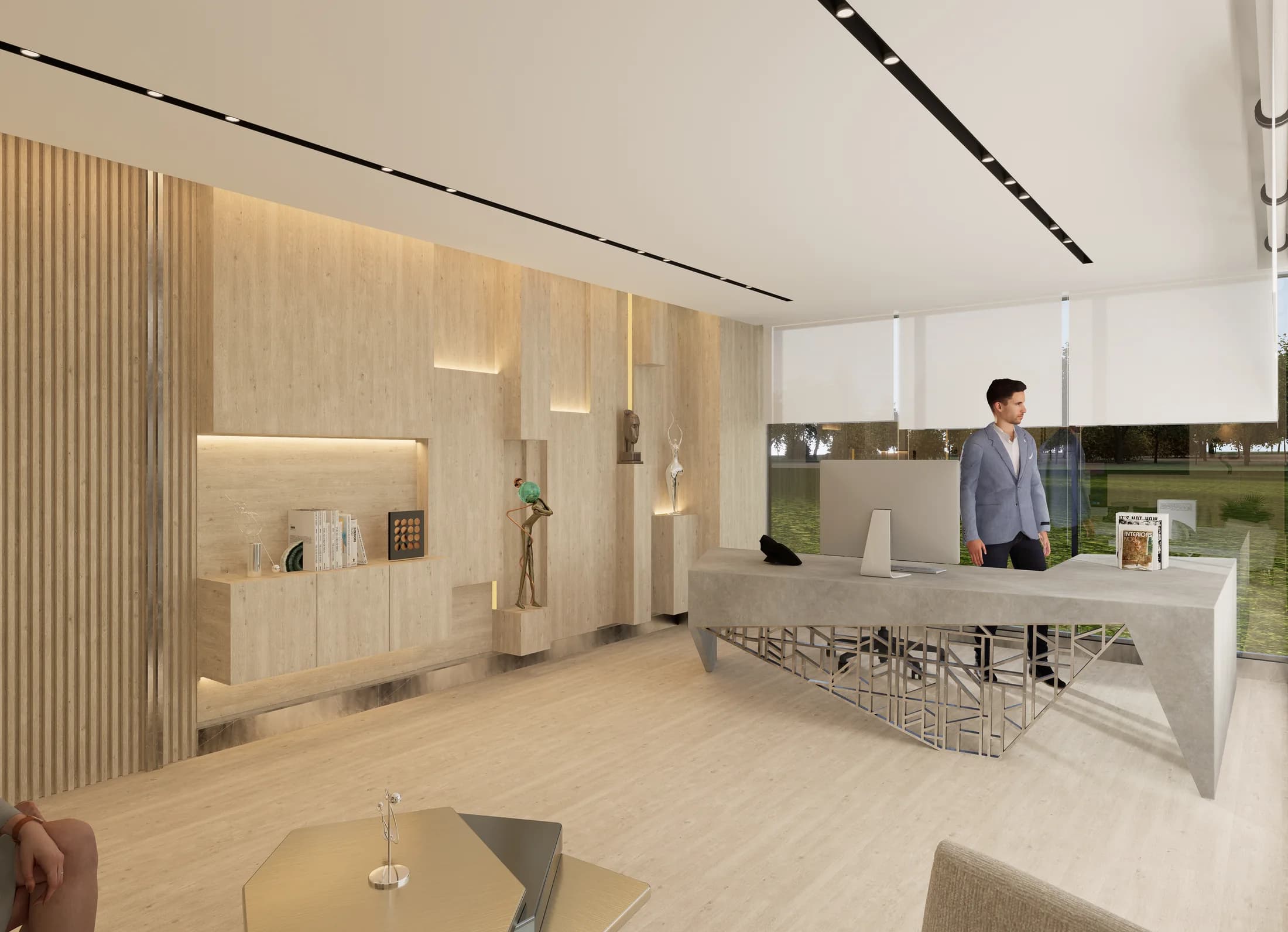 Executive Office — A composed workplace where hospitality and focused work share one material language.