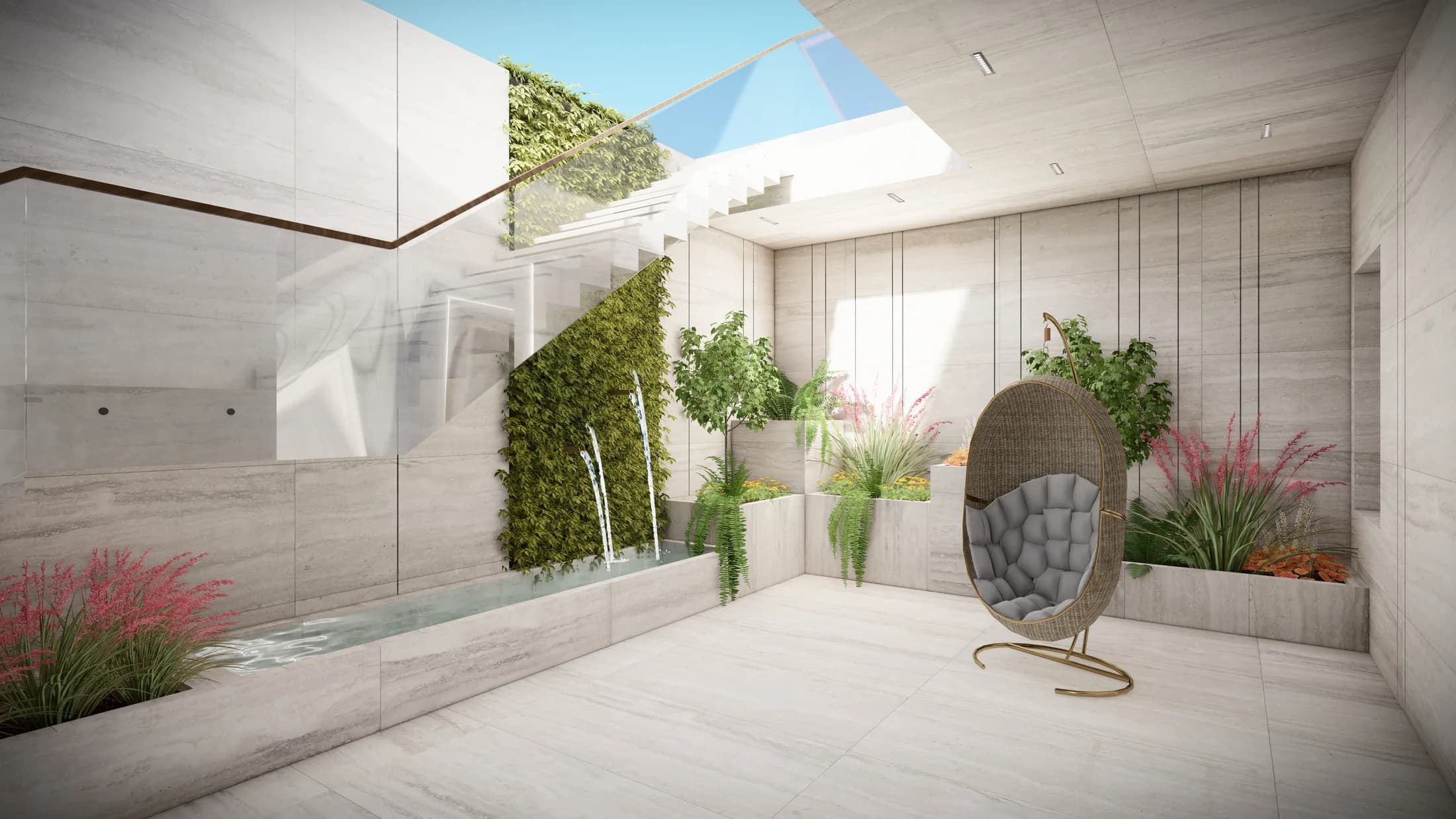 Private courtyard composed in pale natural stone