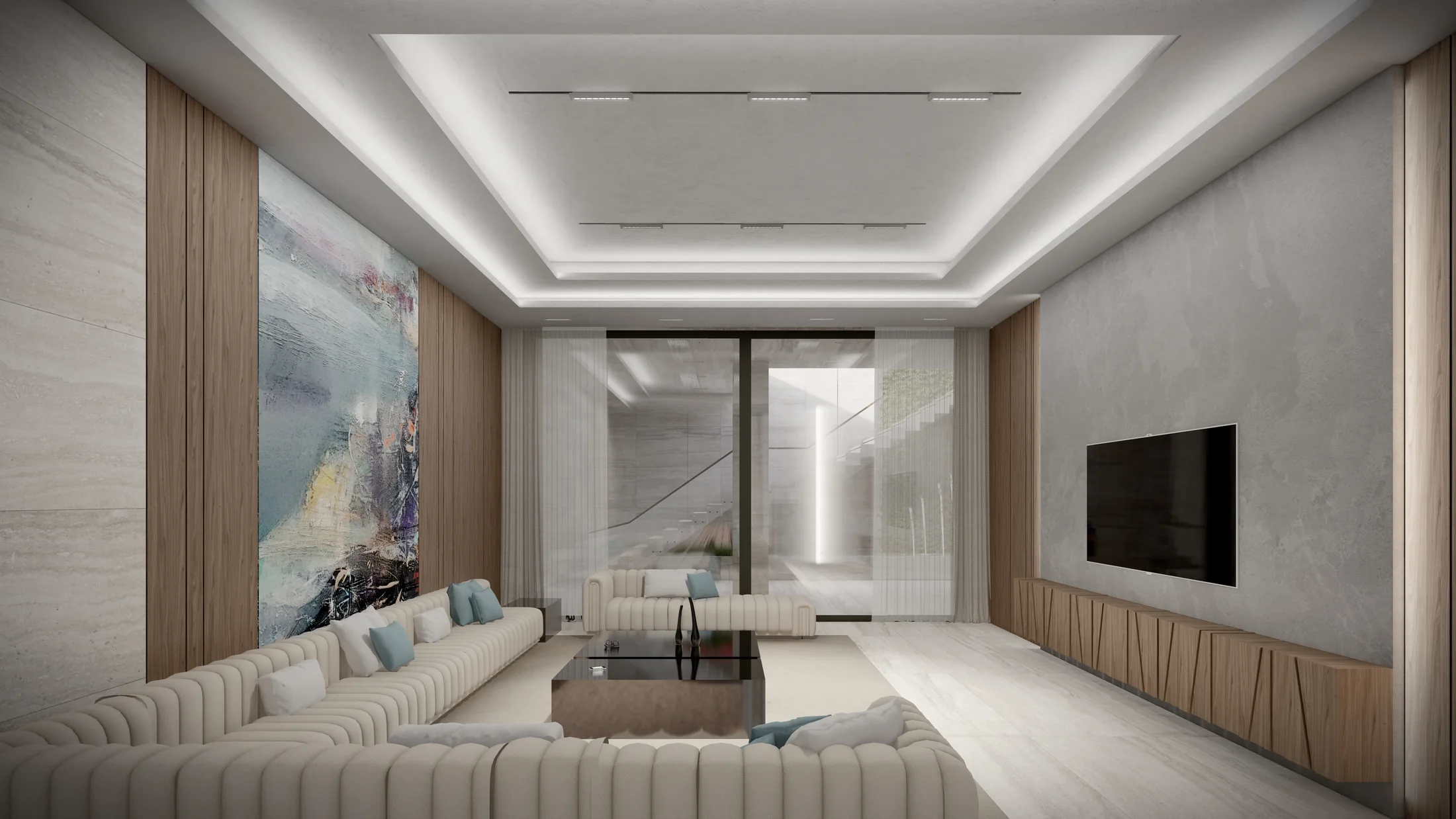 Family room with layered ceiling and timber joinery