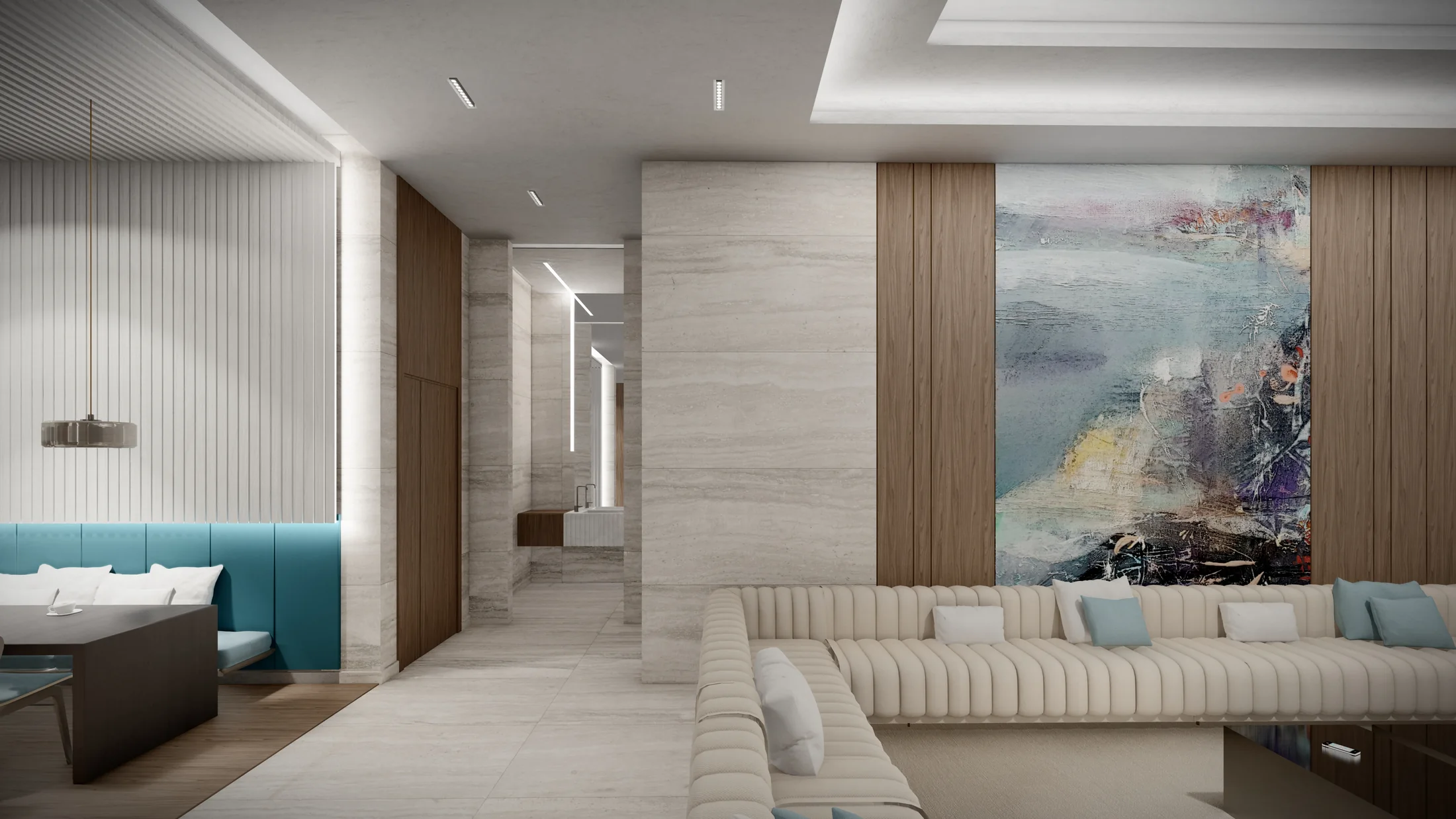Long formal salon with integrated artwork