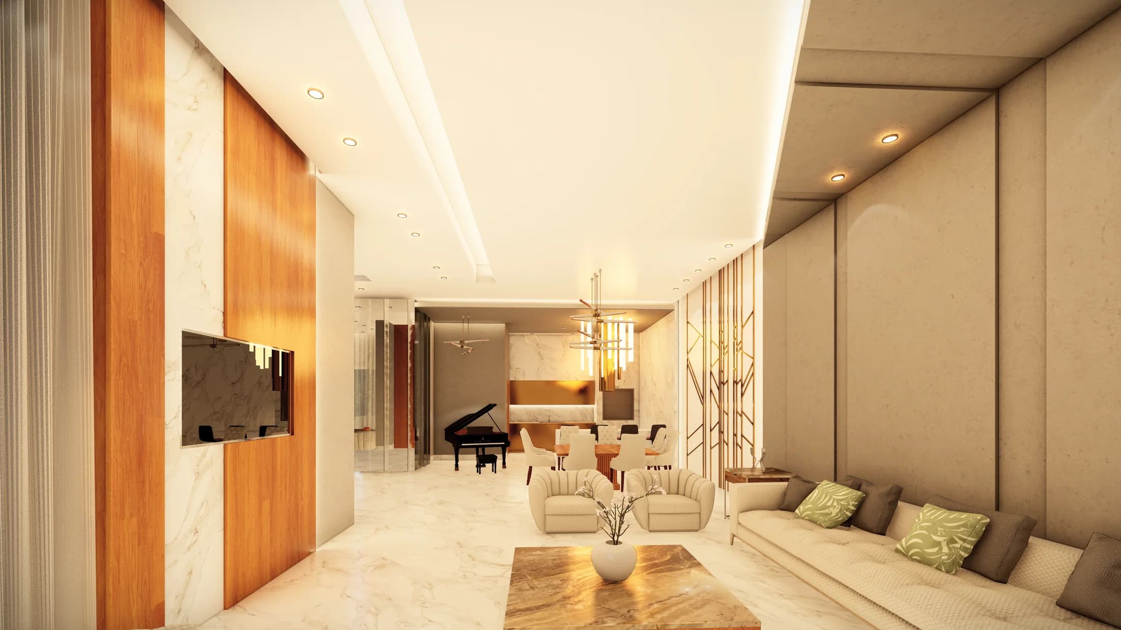 Warm timber and stone living room in Al Rasheed Residence