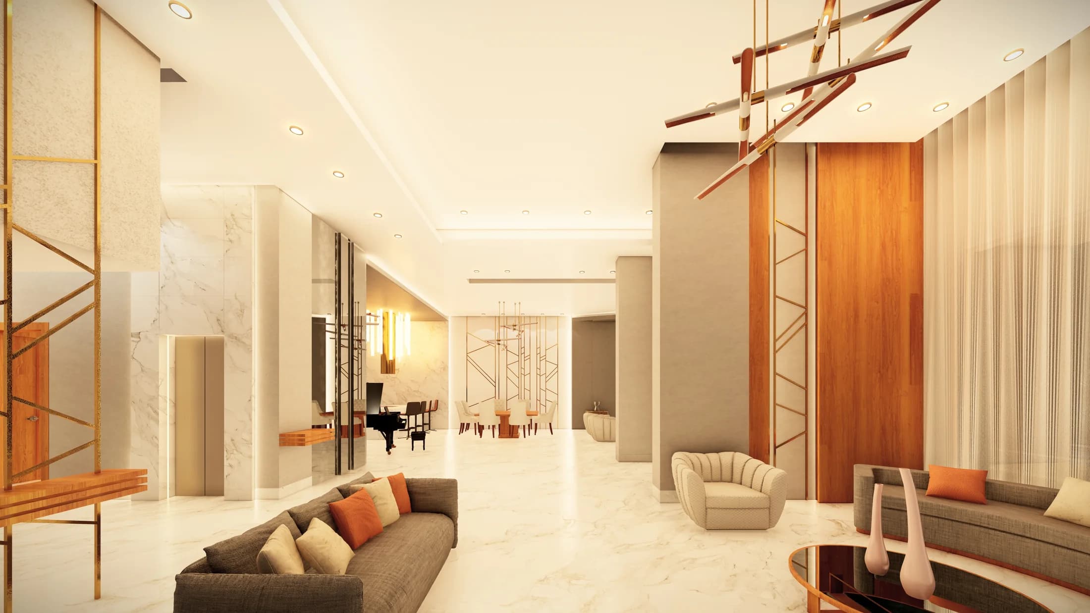 Long residential gallery framed in timber and marble