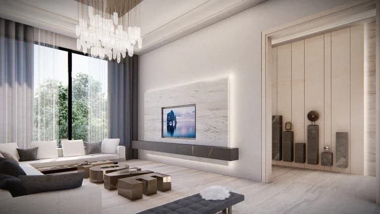 Stone feature wall and seating at Behbehani Residence