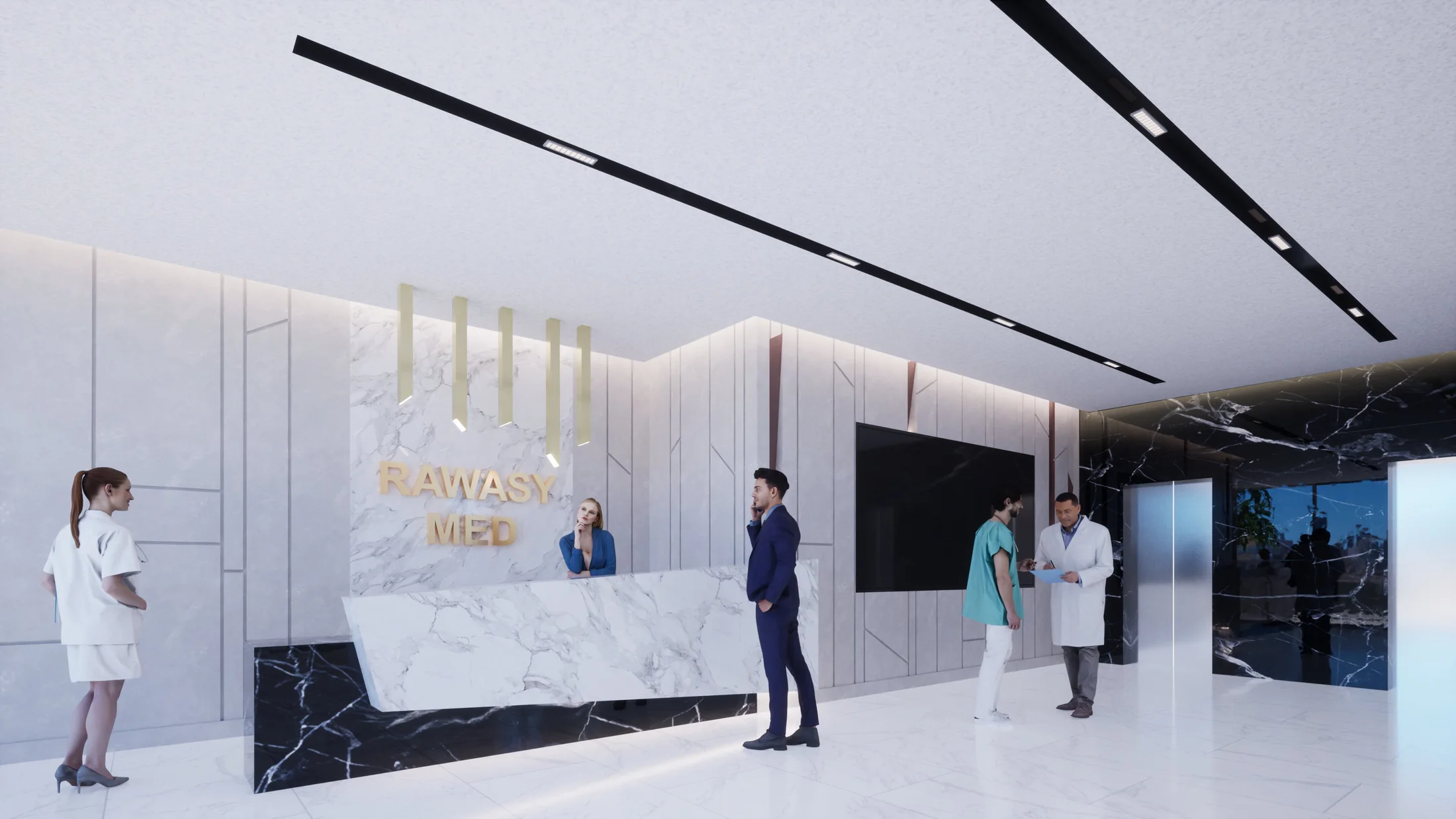 Bright clinical lobby with stone reception counter