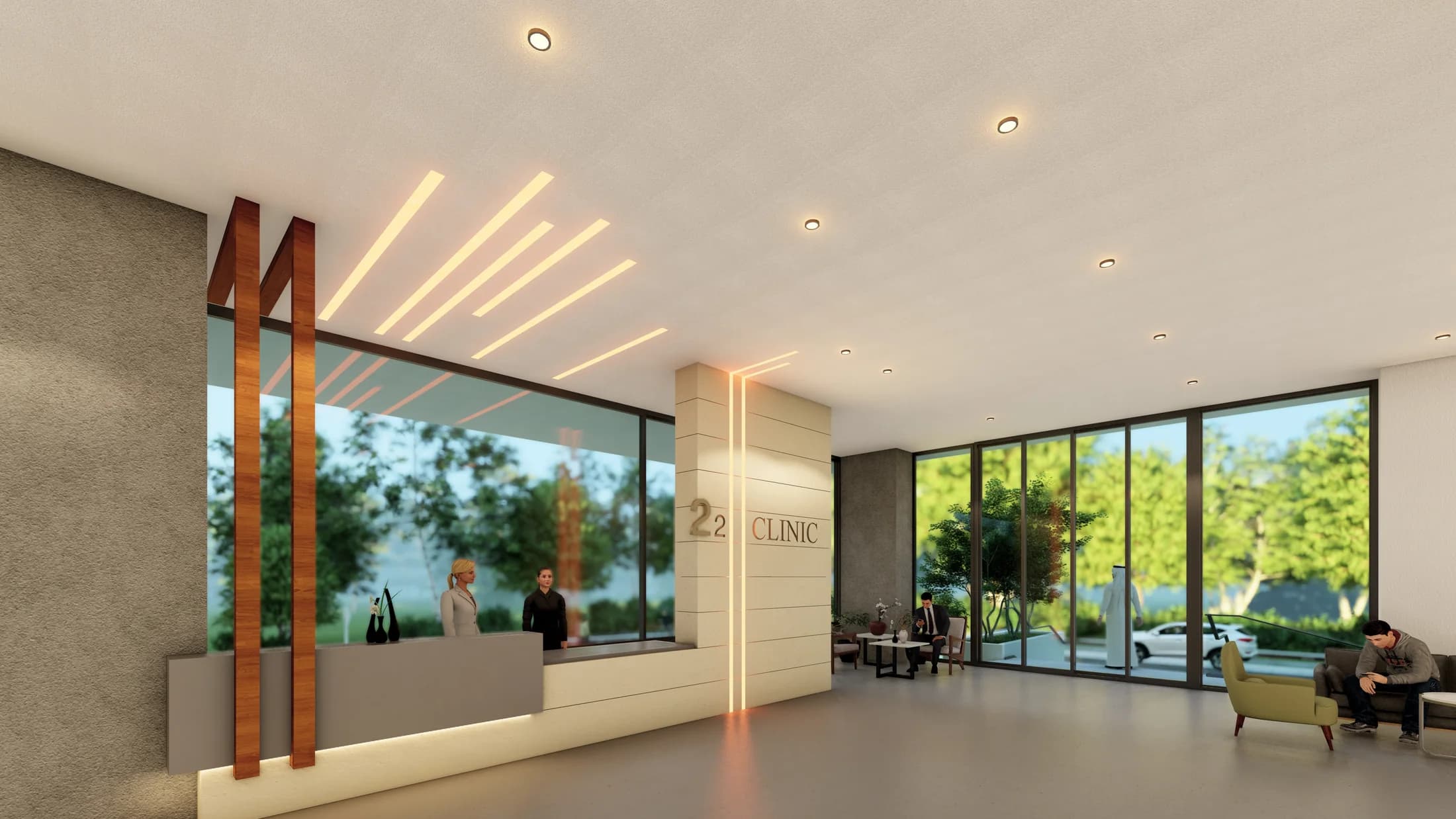 Garden-facing clinic waiting lounge