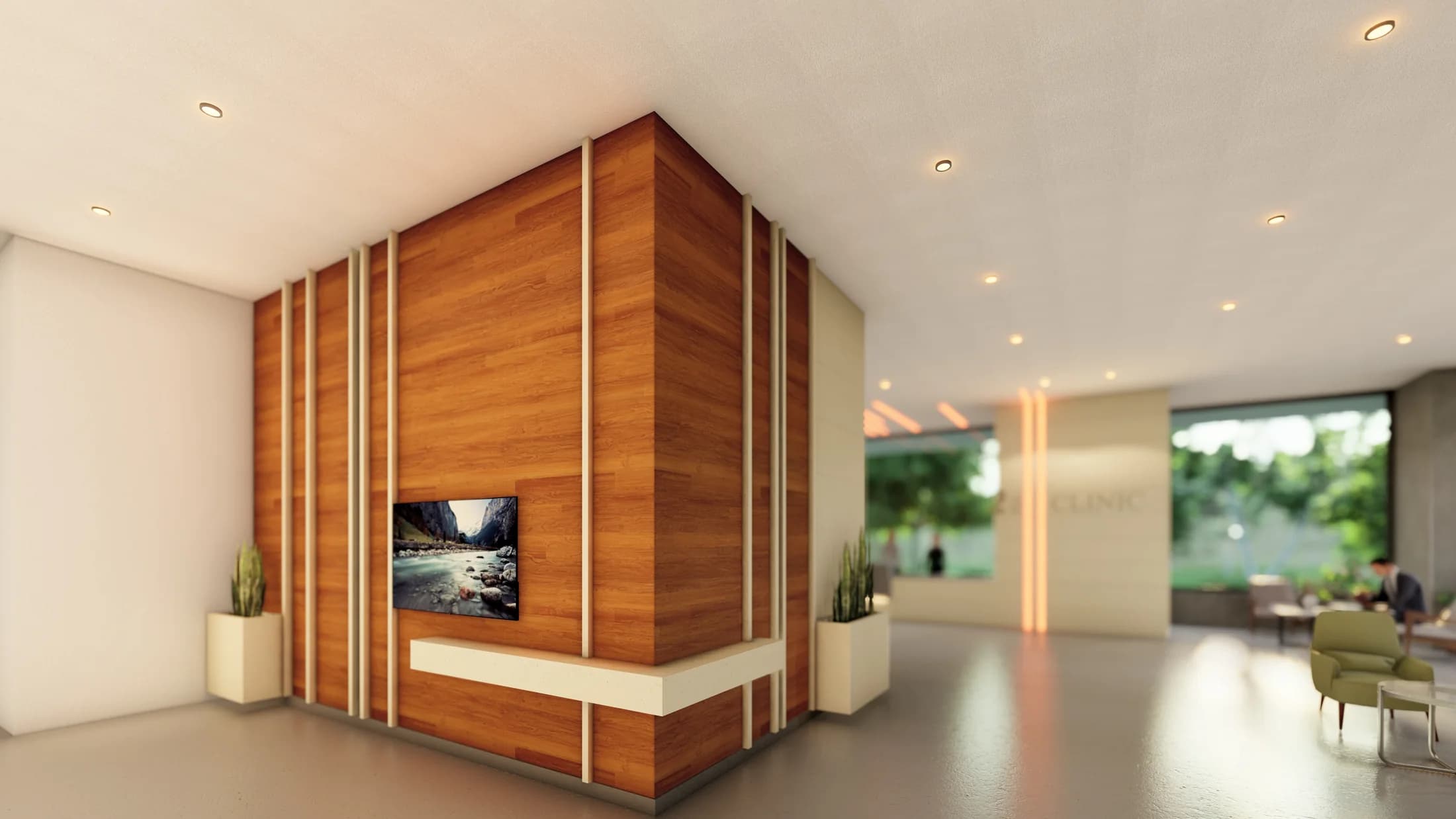 Timber-clad media wall in clinic lounge