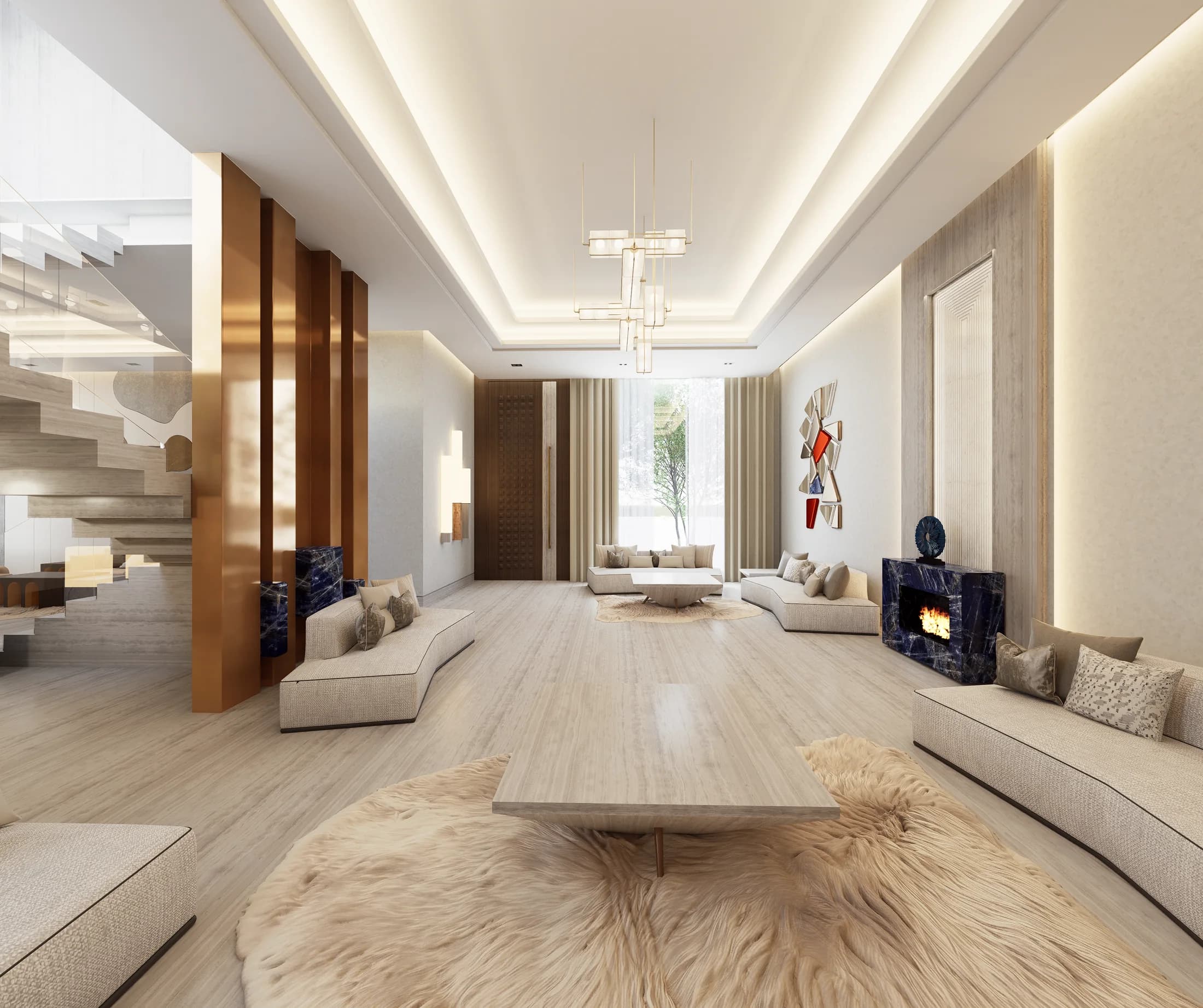 Bright contemporary villa living room with sculptural staircase