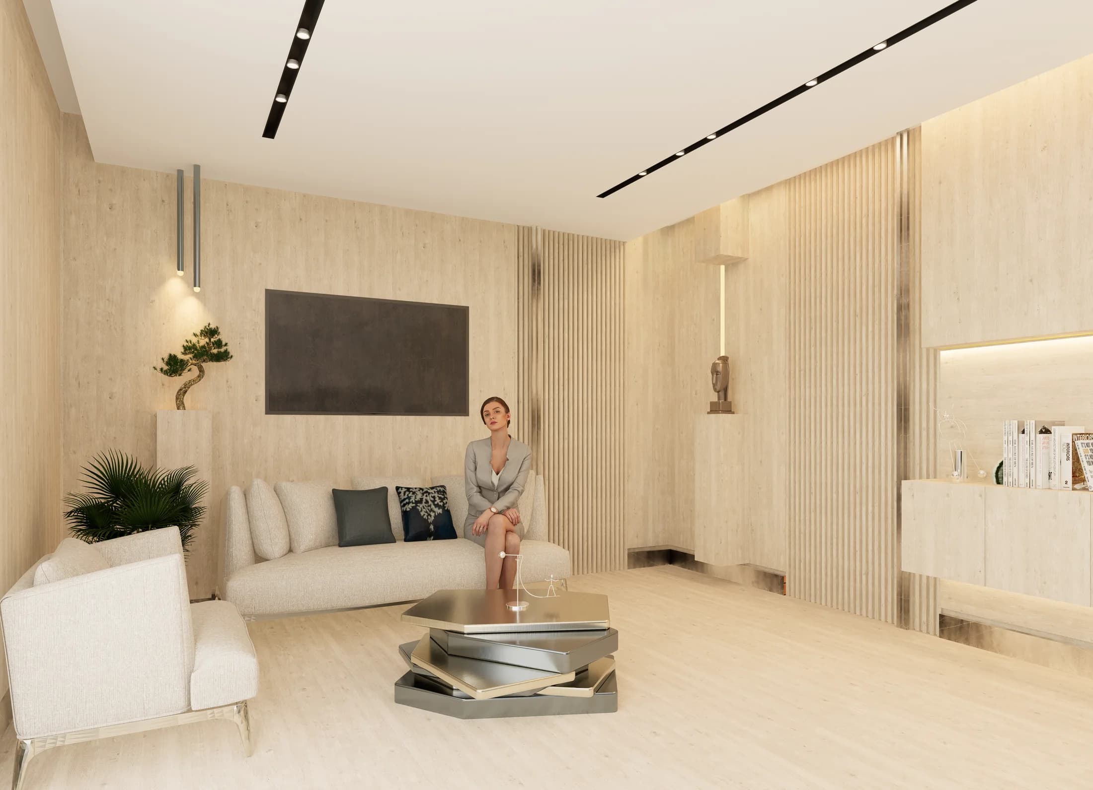 Private executive lounge in pale timber and warm neutrals