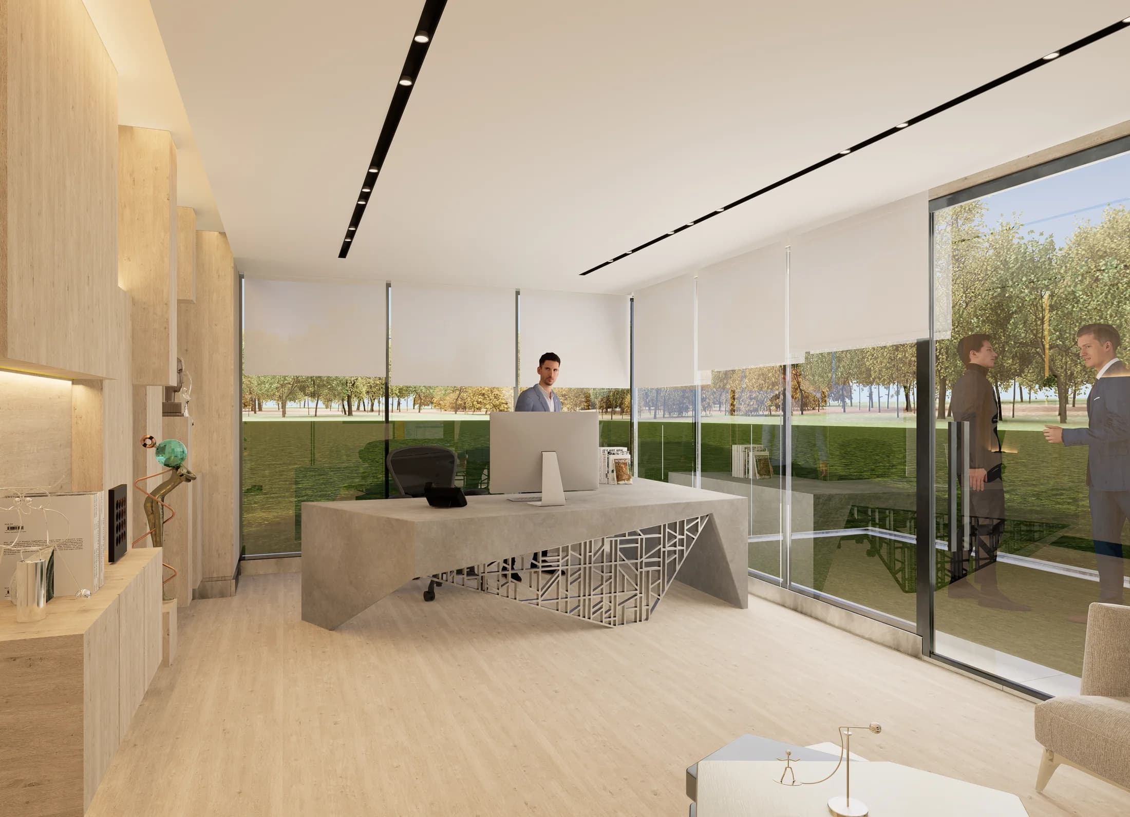 Daylit executive workspace overlooking a landscaped setting
